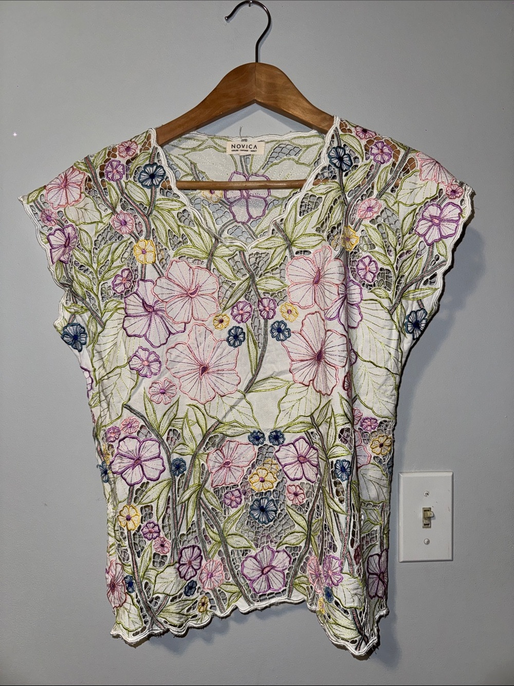 Floral Embroidered White Eyelet Cap Sleeve Top